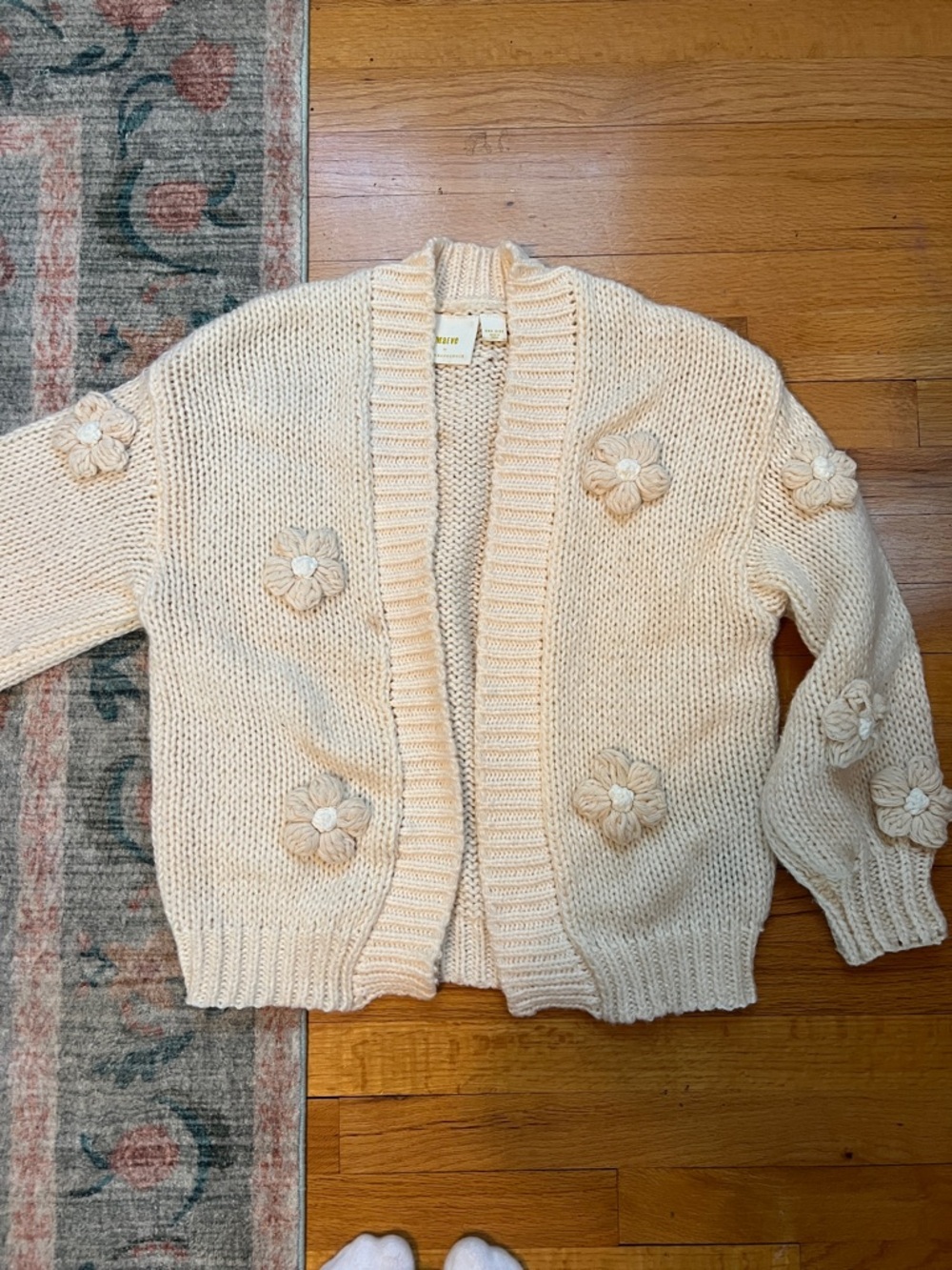 Anthropologie Cream Floral Appliqué Open-Front Women's Sweater